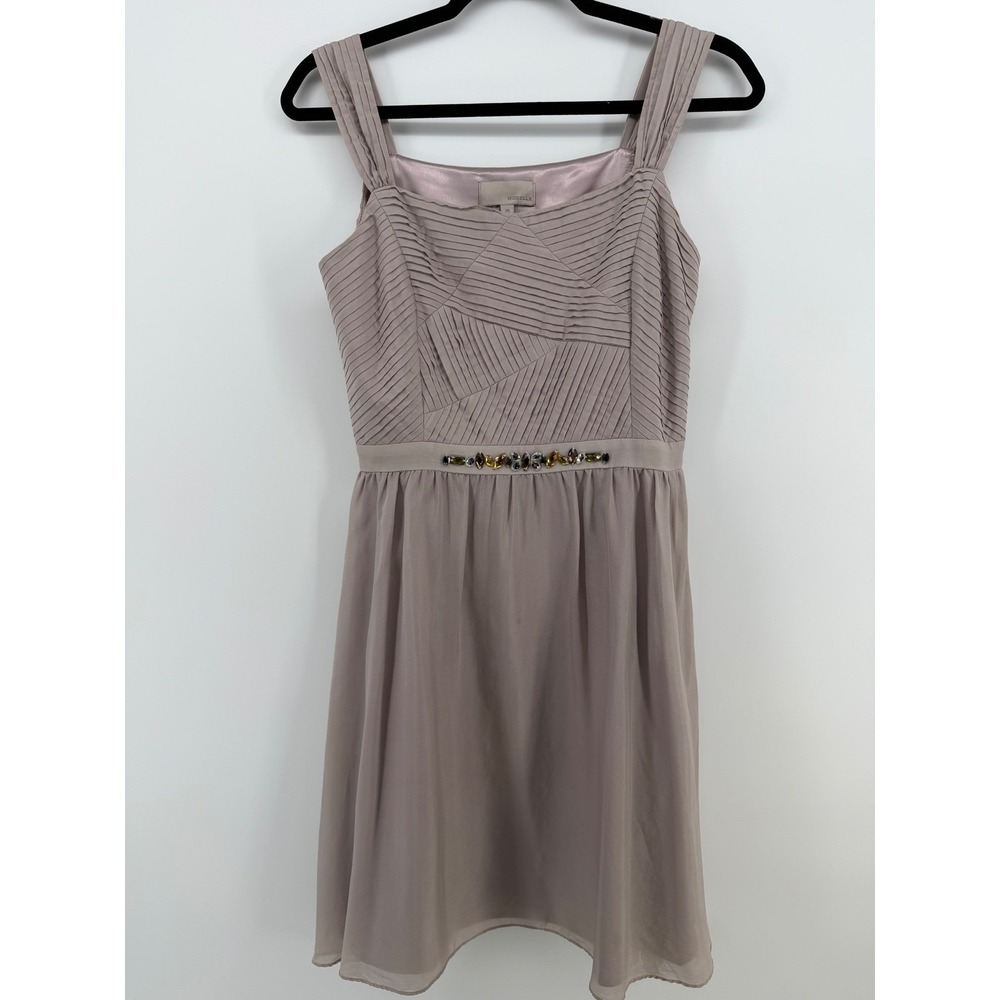 Moiselle 100% Mulberry Silk Pleated Dress Size 2 Blush Taupe Jeweled Waist